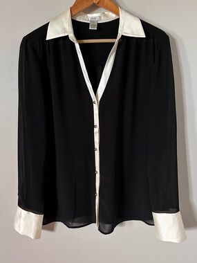 Cache Black Blouse with White Contrast Collar & Cuffs